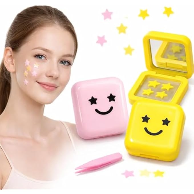 STRBOXONG STAR PIMPLE PATCHES FOR FACE, DOTS FOR SPOTS, STAR SPOT PATCHES WITH HYDROCOLLOID DESIGN  64PCS PINK AND YELLOW, MIRROR CASE, FOR TEENS TRAVEL EMERGENCY USE - Image 1